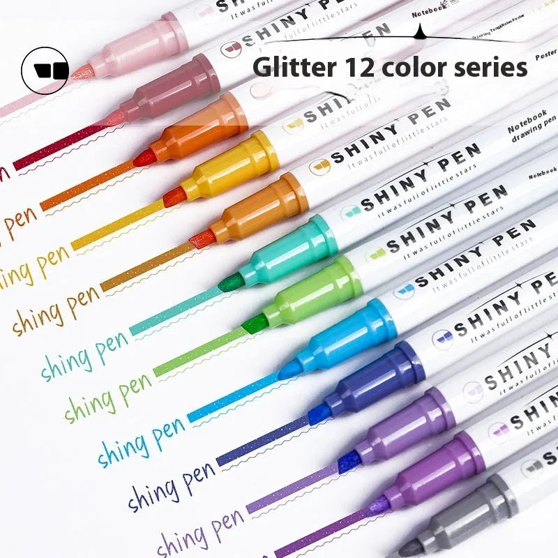 Sparkling Star River highlighter pens with glitter ink in plastic shells, 136mm length with slanted 4mm tips