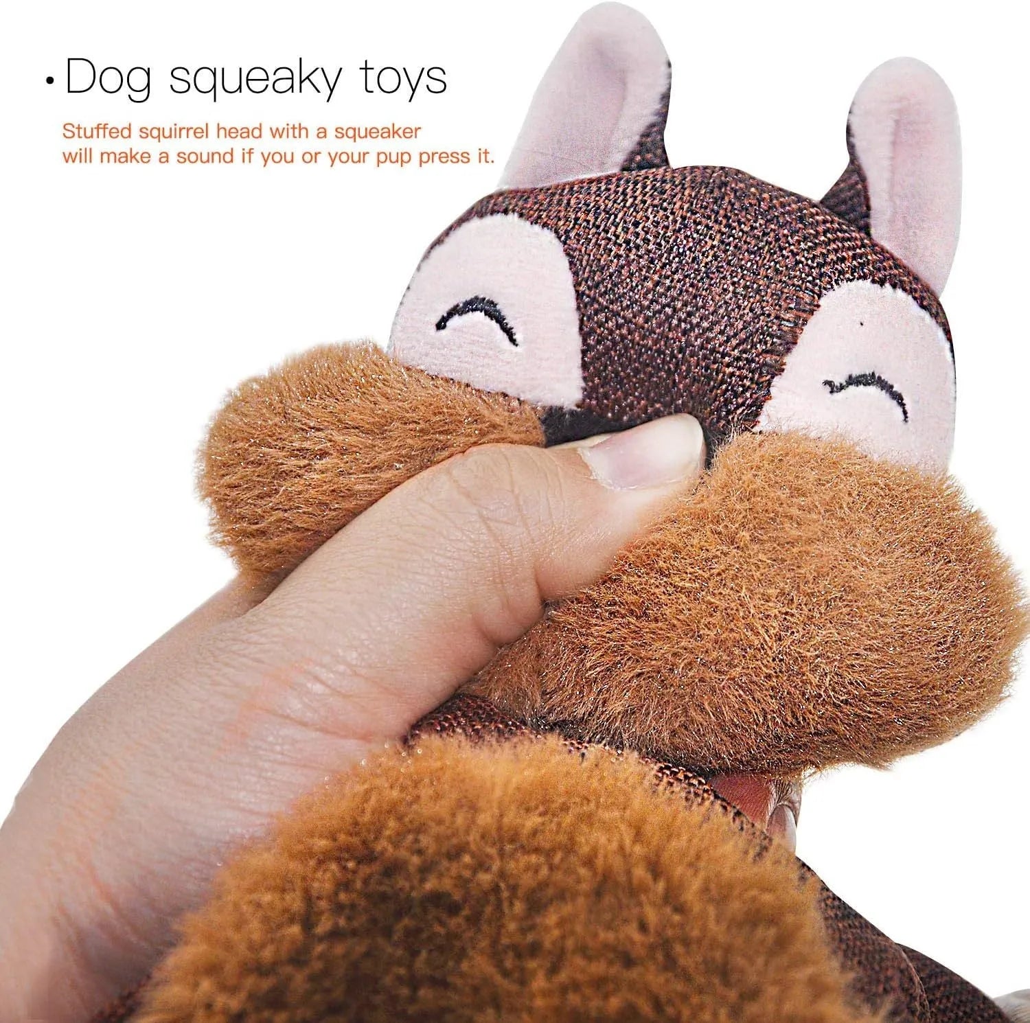 Brown fox-shaped plush dog toy with squeaker, crinkle paper, and cotton ropes in limbs.