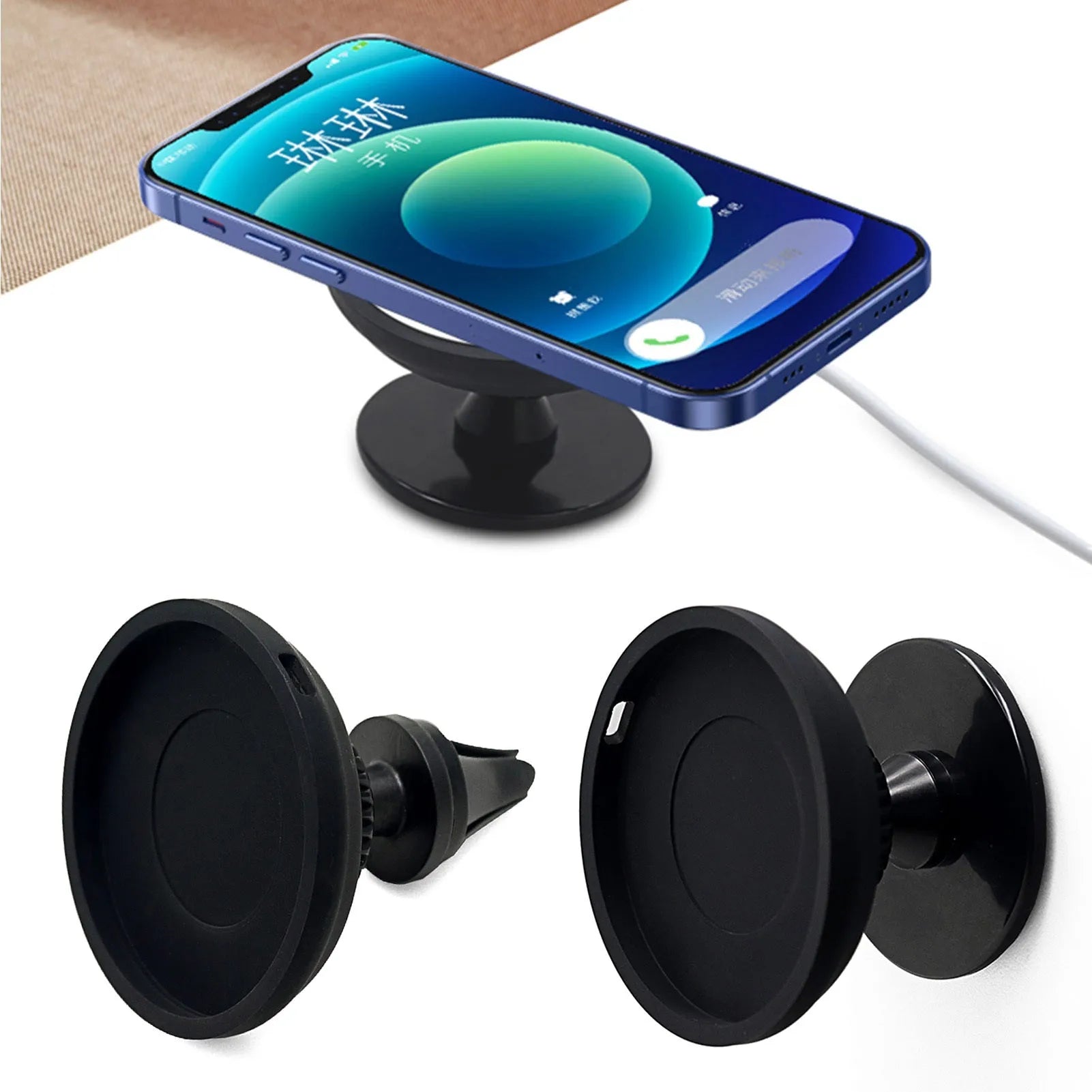 Black magnetic car phone holder with air vent bracket and dashboard base mounting options