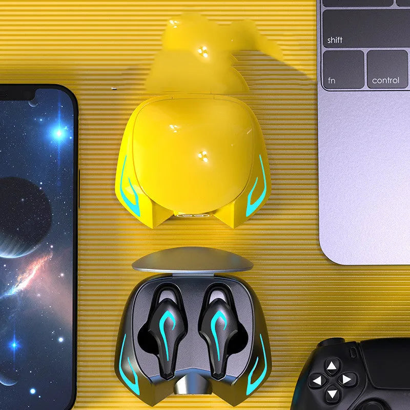 Bluetooth gaming headset with earplug design in black, dark grey, or yellow colours showing wireless earpieces
