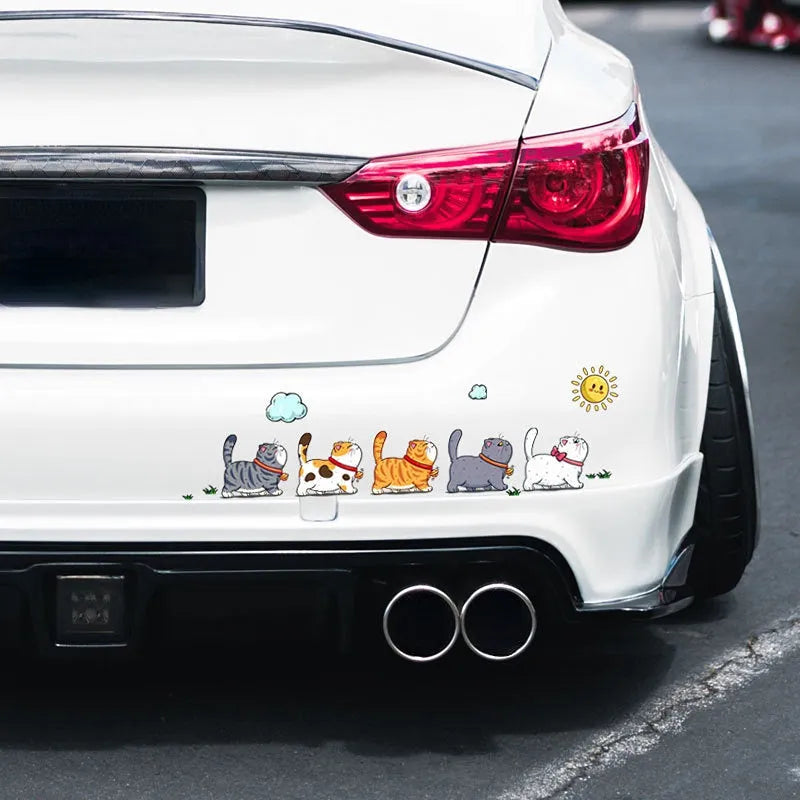Waterproof PVC vinyl car sticker showing a design of five cats climbing, available in sizes S, M, and L.