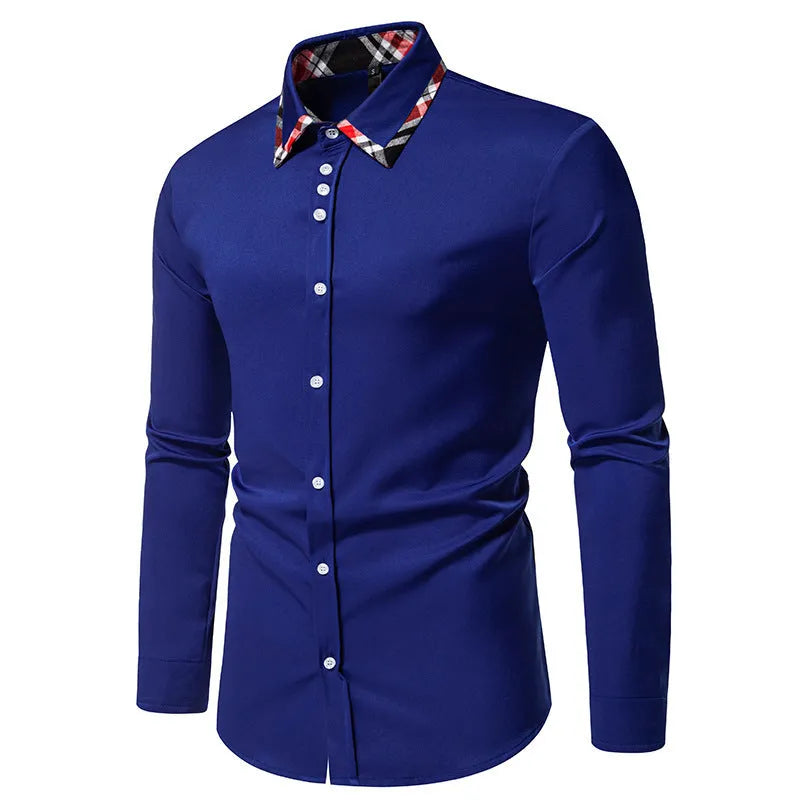 Men's plaid long sleeve shirt with contrast colour triangle collar in chemical fibre blend fabric
