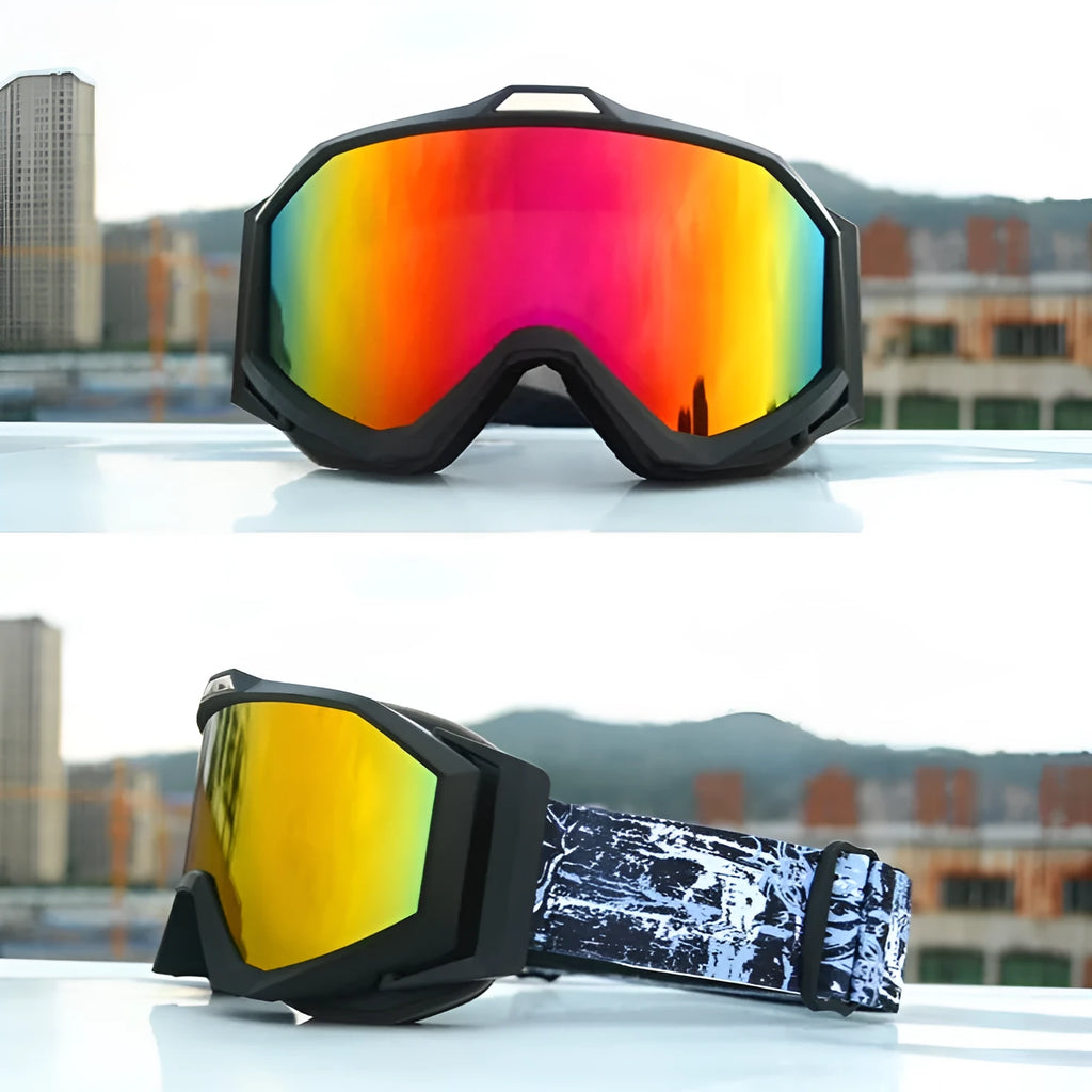 Motorcycle goggles with double-layer anti-fog lenses in a selection of frame and lens colour combinations.