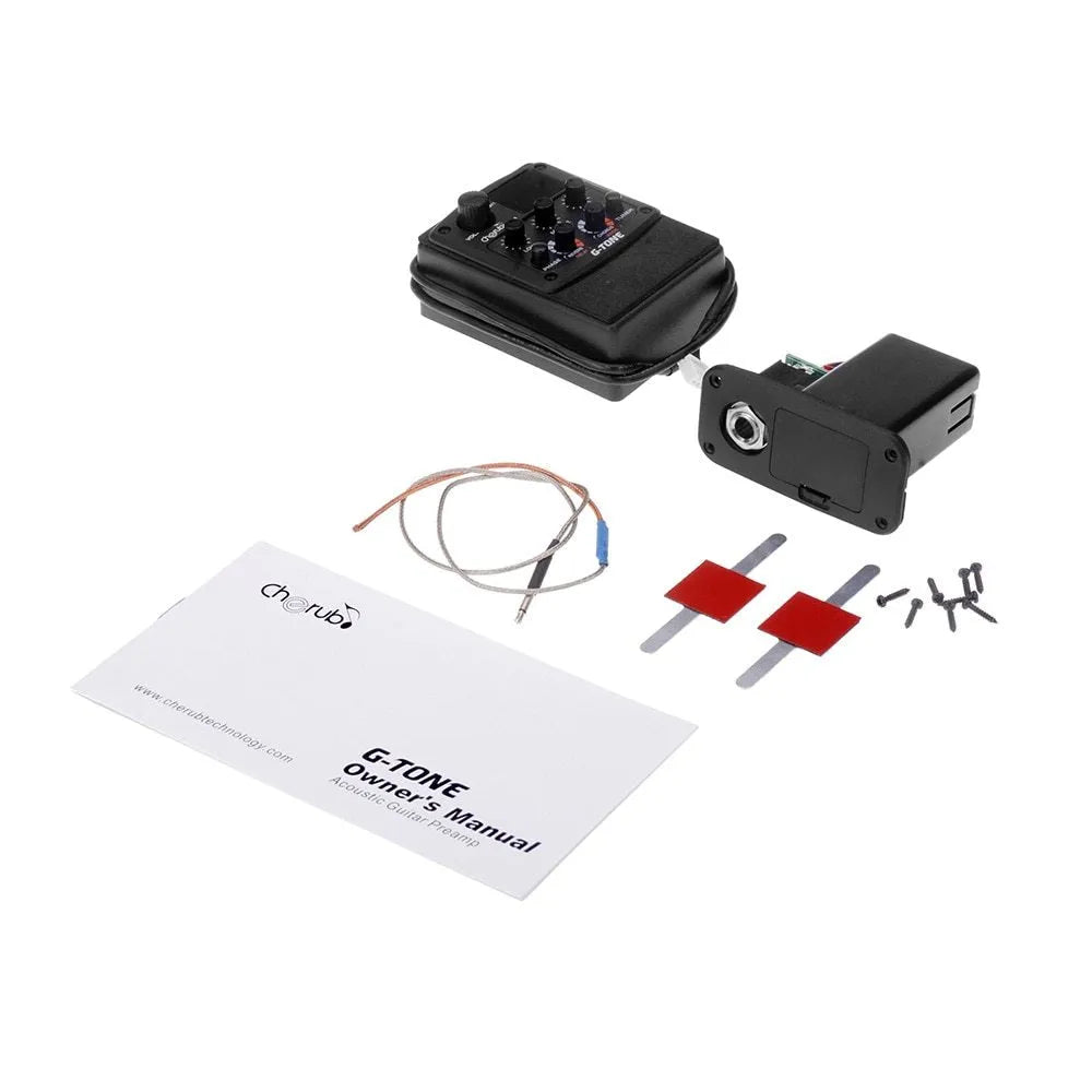 Cherub GT-6 black acoustic guitar pickup and preamp unit with knobs for EQ and effects control.