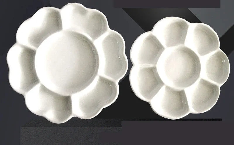White ceramic plum blossom design artist palette for watercolour, acrylic and oil painting in three sizes