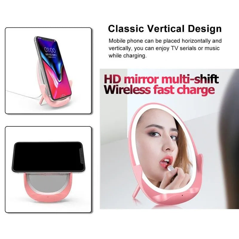 Portable vertical wireless charger with fill light mirror, 125x94x30mm, Micro USB, white or girl powder