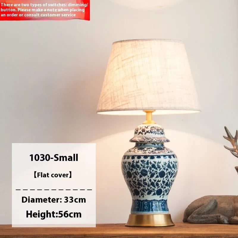 Chinese blue and white porcelain table lamp with ceramic base and cloth shade