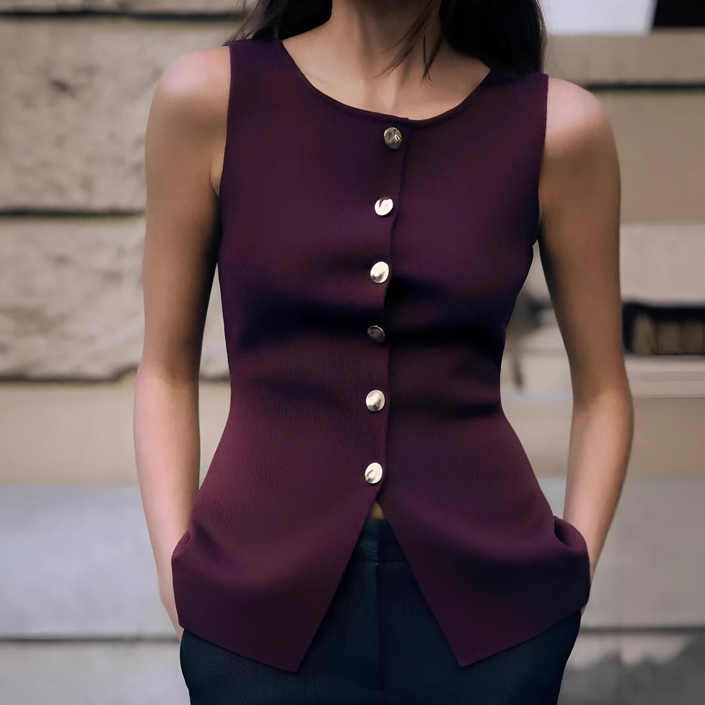 Women's dark red sleeveless sweater vest with gold buttons and slim fit design