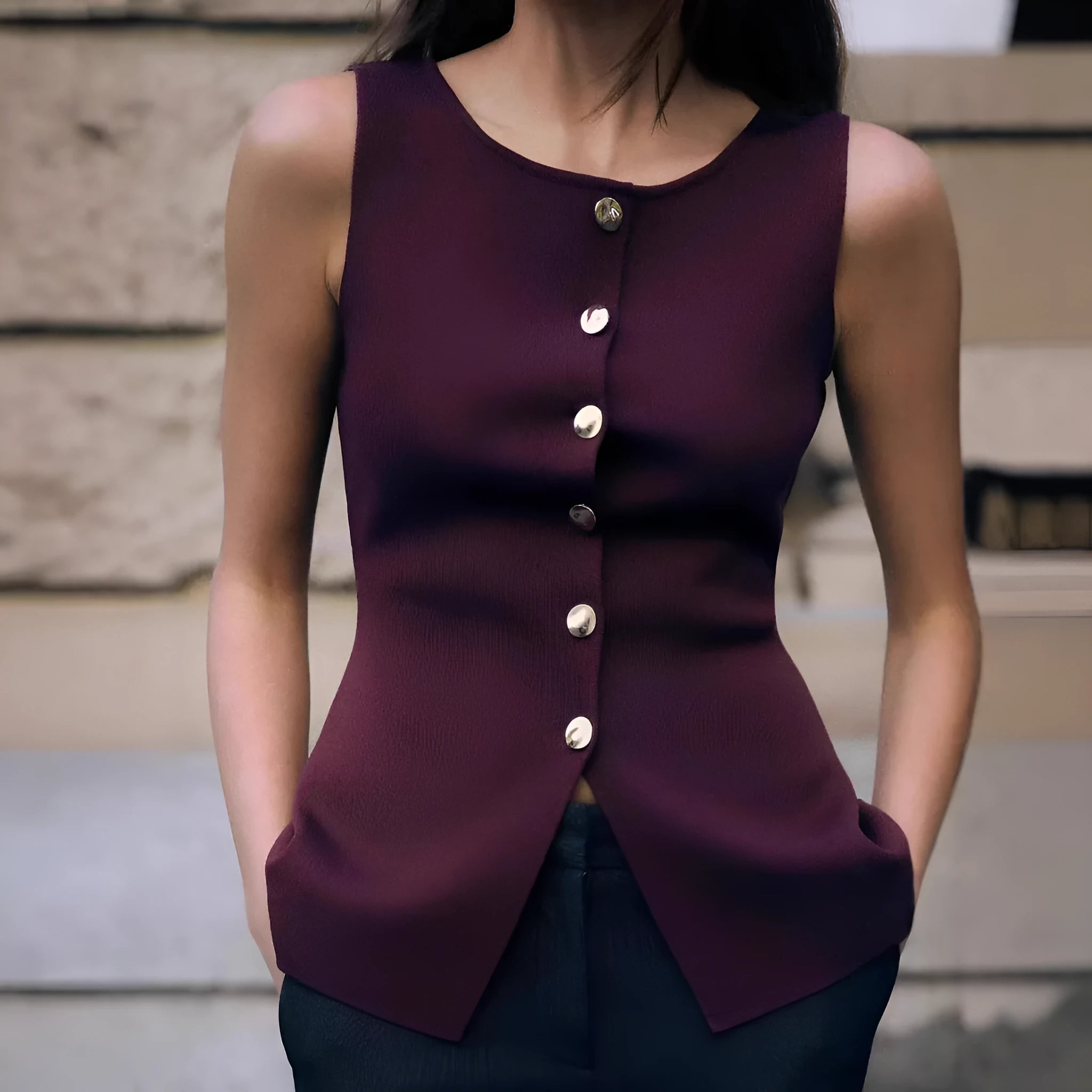 Women's dark red sleeveless sweater vest with gold buttons and slim fit design
