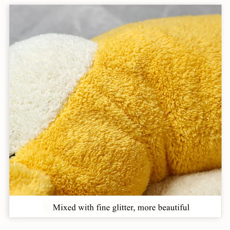 Corgi-shaped plush pet bed for dogs and cats in three sizes on a neutral background.