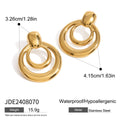 Gold plated double layer hollow stud earrings with round geometric design and titanium steel construction