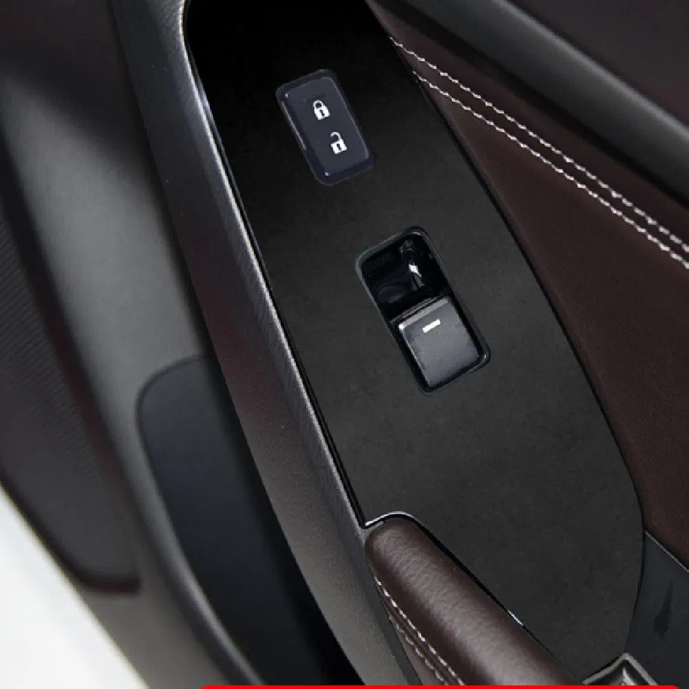 Four TPU protective films for a 14-19 car door control panel, showing transparent and black finish options.
