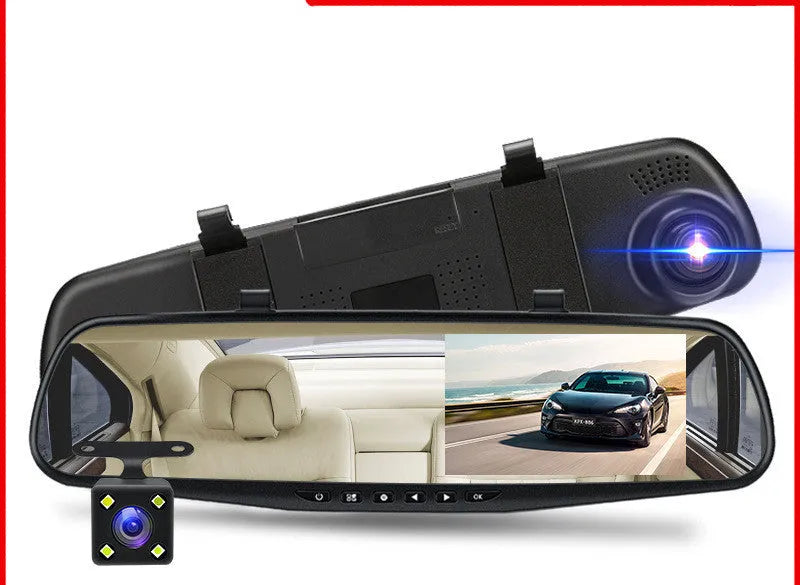 Black car driving recorder mounted on rearview mirror with 4.3-inch display and 170° wide angle lens.