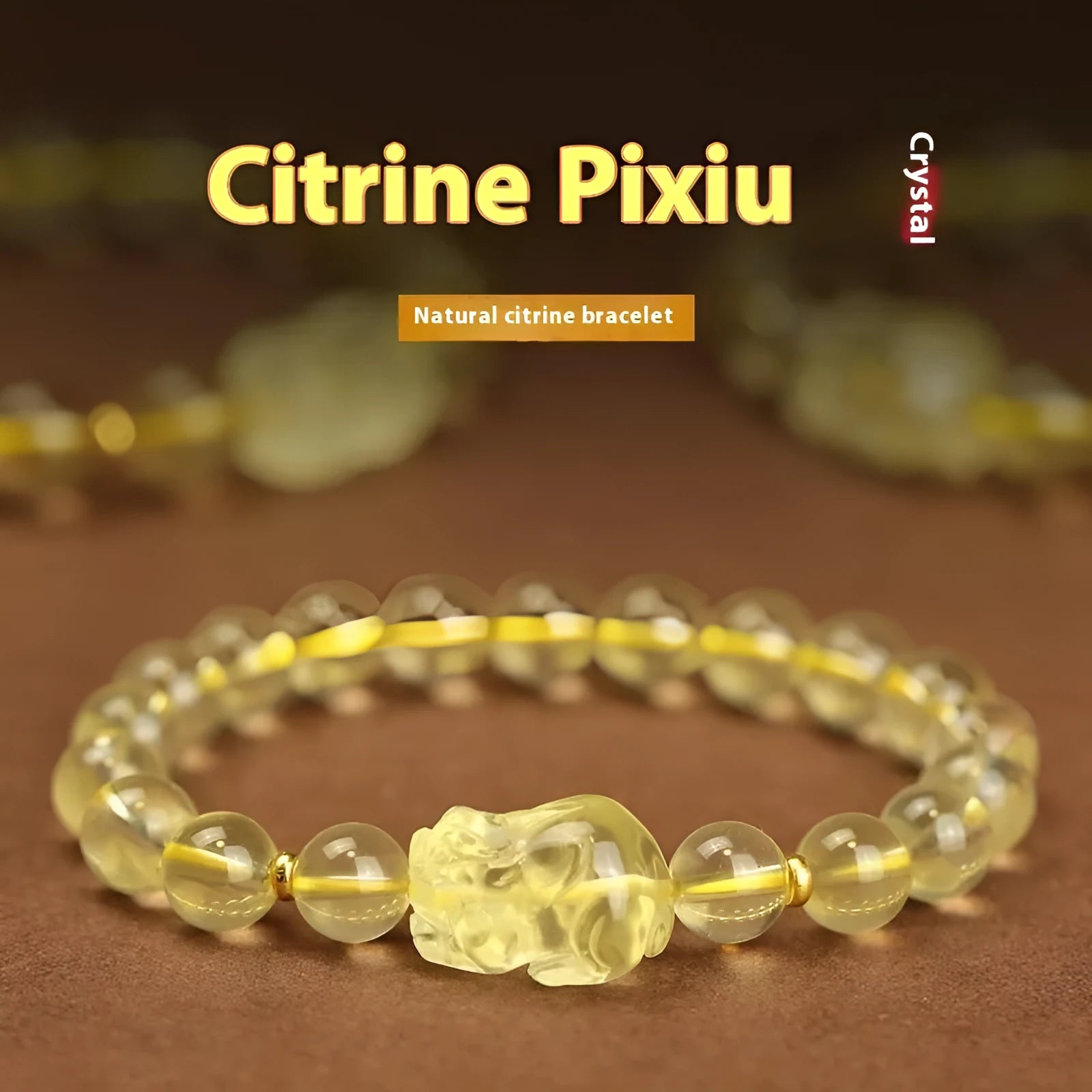Yellow leather cord bracelet with a citrine artificial crystal Pi Xiu charm pendant