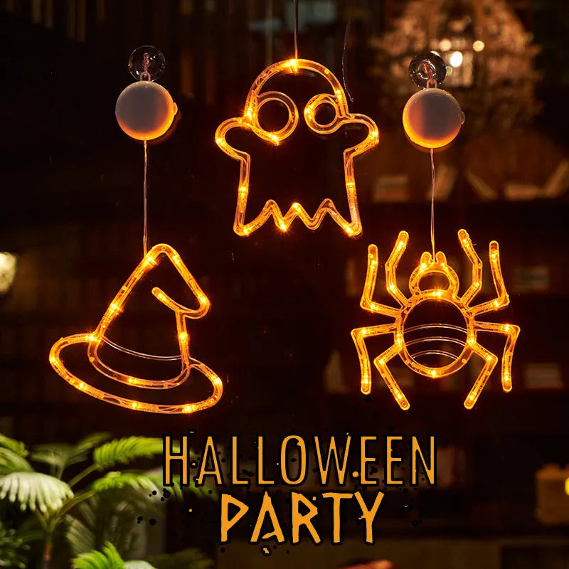 Halloween window hanging LED lights set with spider, pumpkin, and ghost decorations on suction cups