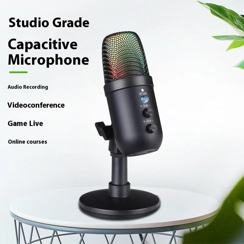 Black USB microphone with RGB lighting for computer and mobile phone streaming and recording