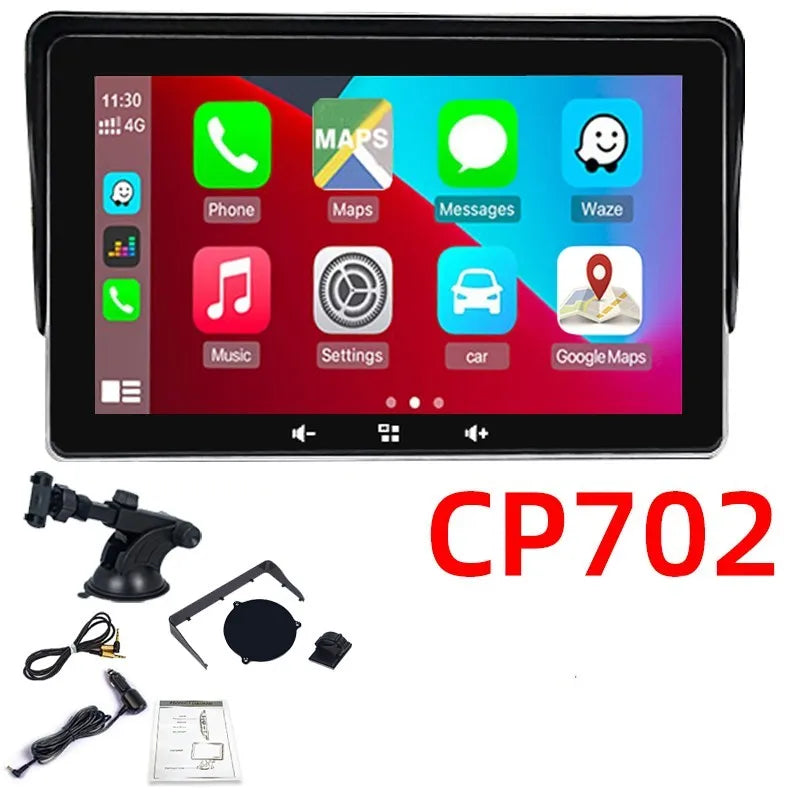 7 inch wireless CarPlay car display with suction cup mount and cigarette lighter power cable