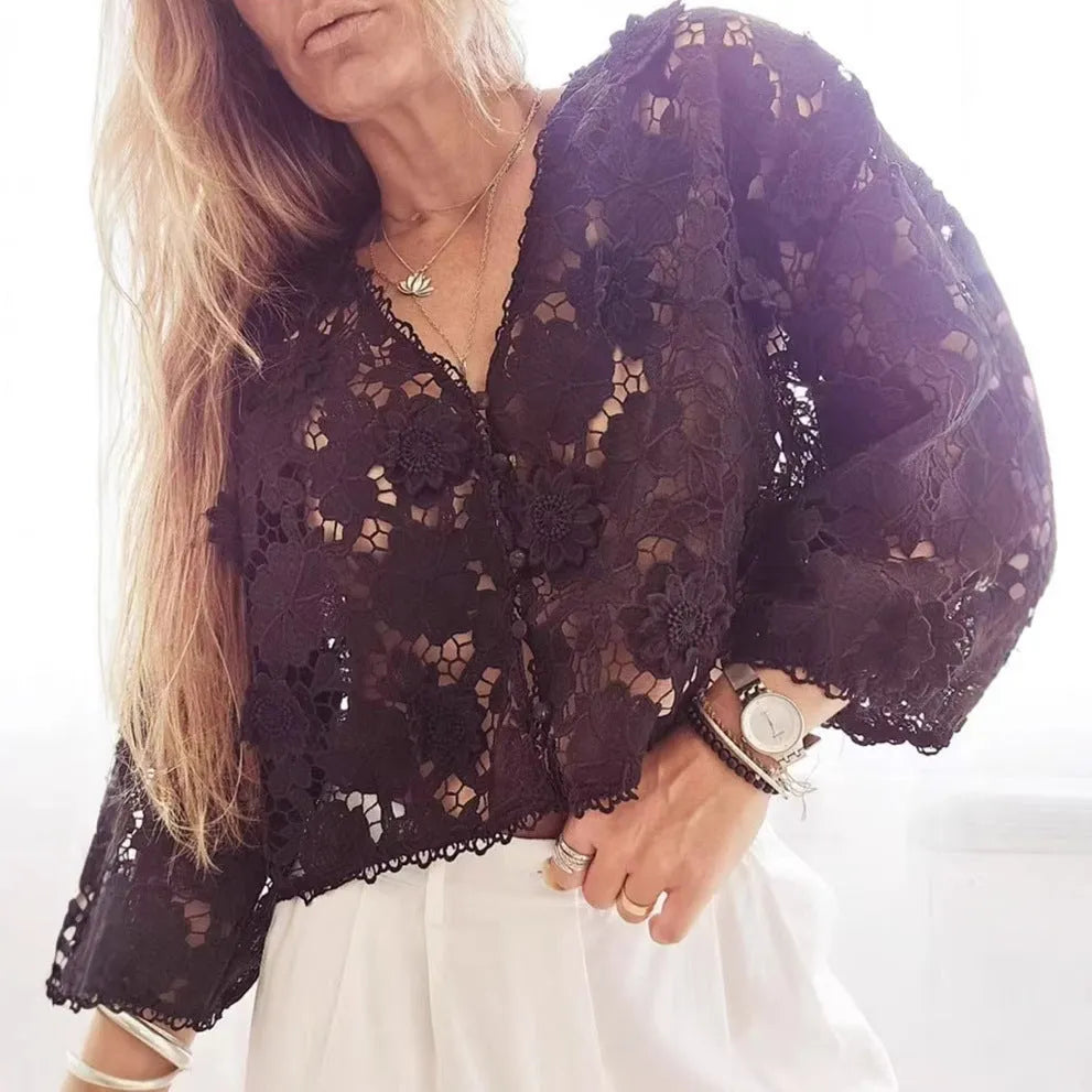 Women's loose fit lace cardigan with three-dimensional flower decoration and V-neck hollow sleeves