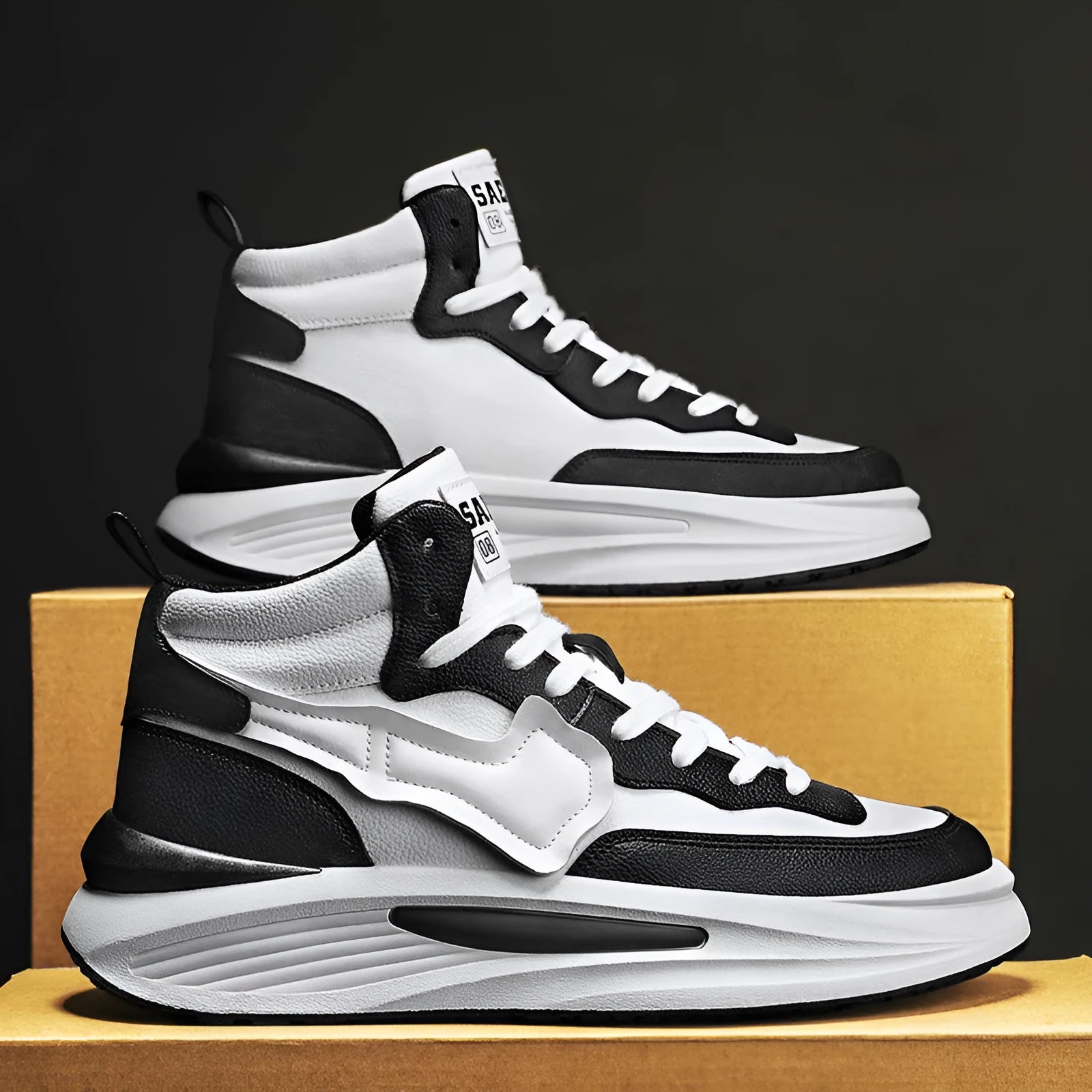 Men's black and white platform high-top shoes with round toe and artificial PU upper