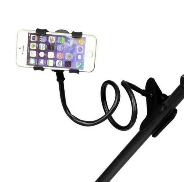 Black portable phone holder with long flexible arm and V-type clip on a desk