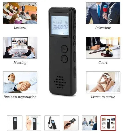 Black matte finish MP3 digital voice recorder with screen, shown next to included earphones and USB cable.
