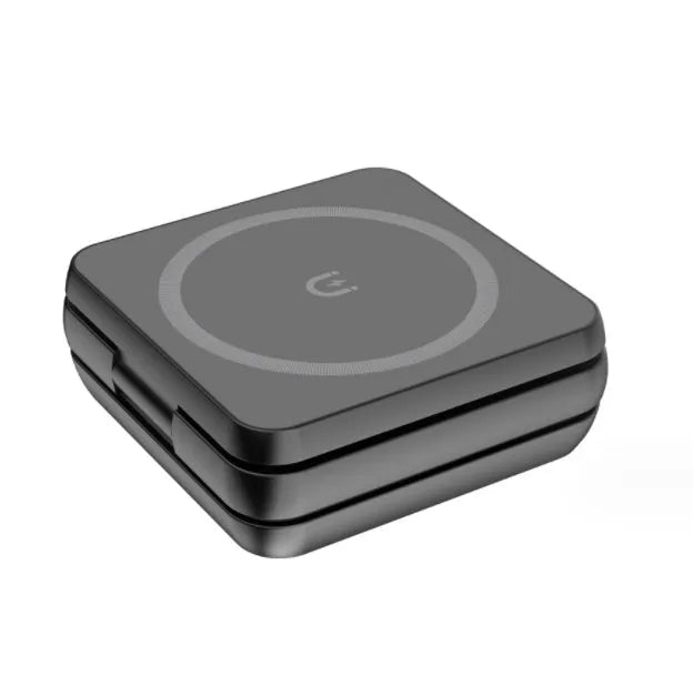 Folding desktop wireless charging bracket holding a phone and a smartwatch at an angle.