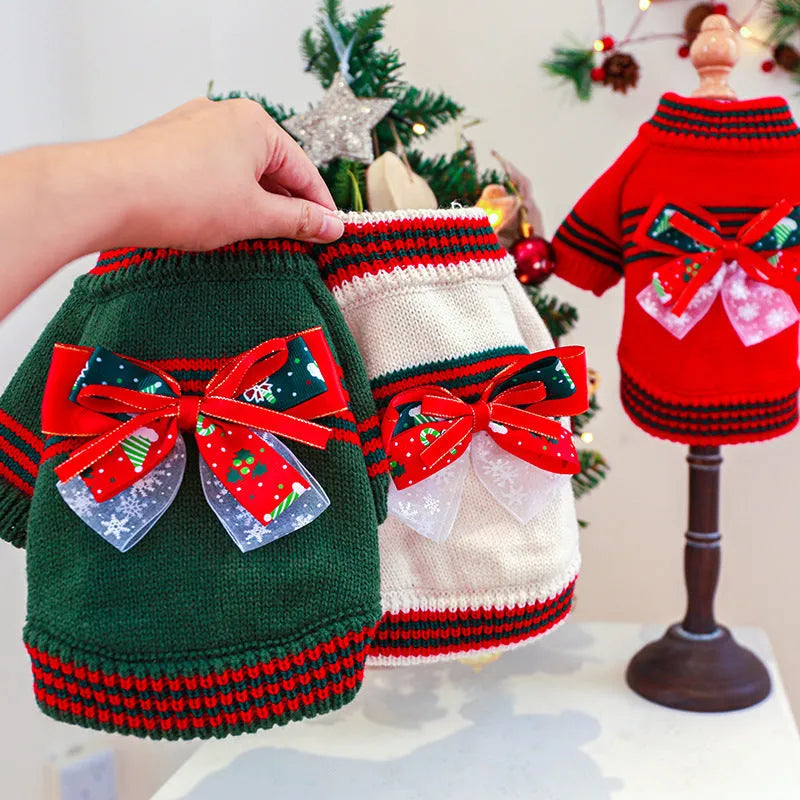 Red and green dog Christmas jumpers showing festive knit design for small to large pets.