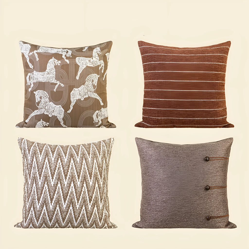 Chinese style square cushion with Maillard colour geometric patterns on living room sofa