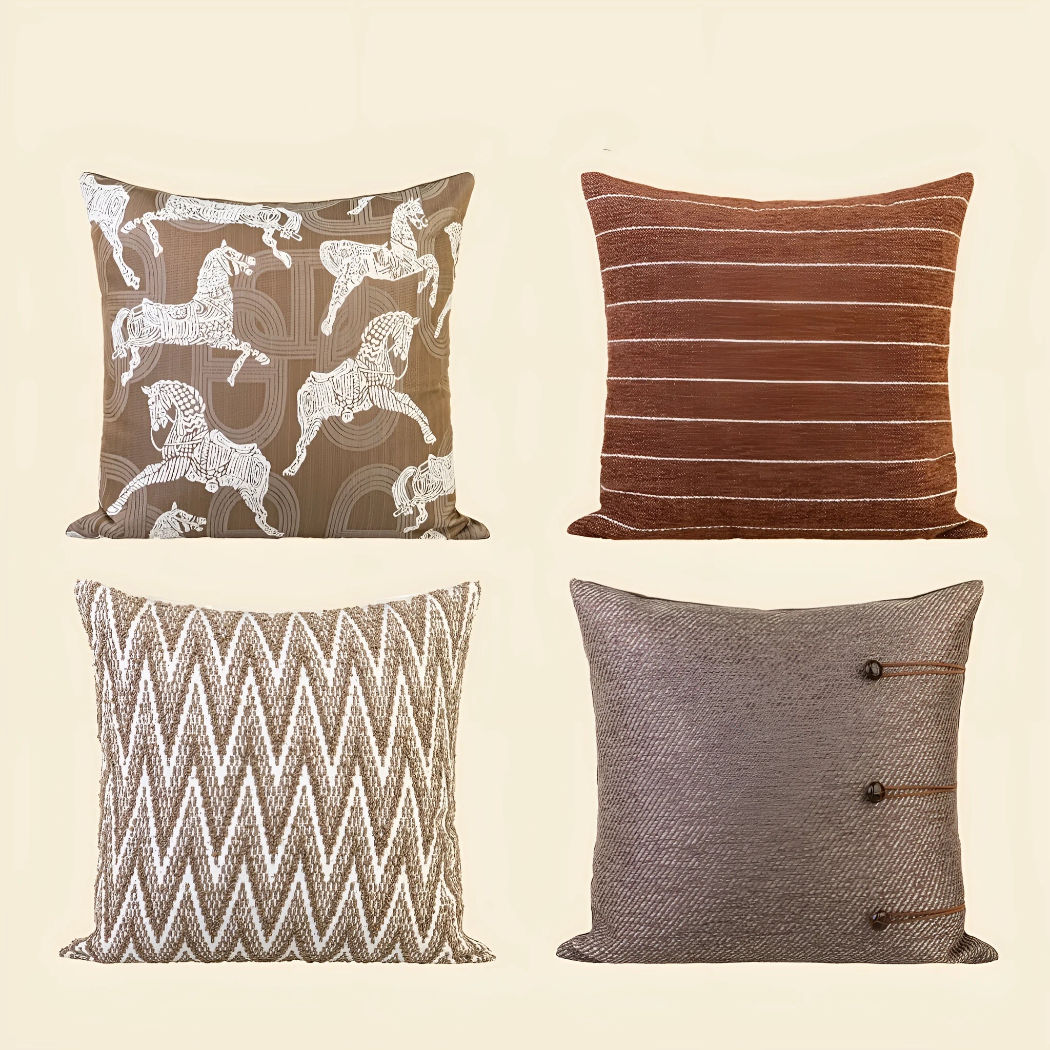 Chinese style square cushion with Maillard colour geometric patterns on living room sofa