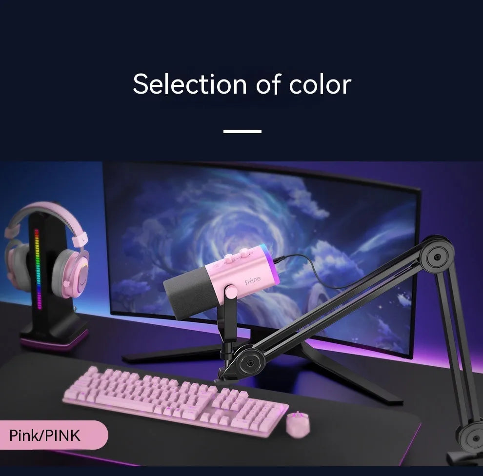 Dynamic noise reduction microphone in black, pink or white with detachable bracket and included cables