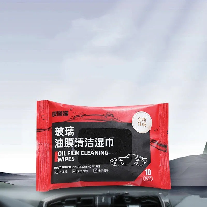Portable glass oil film removing wipes, 10-pack cleaning wipes with decontamination ingredients and deionized water