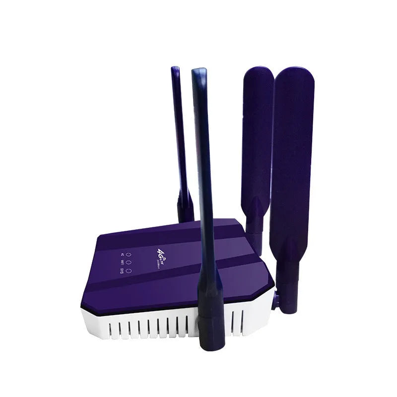 Blue 4G dual mode router with four antennas for wireless and wired internet connectivity