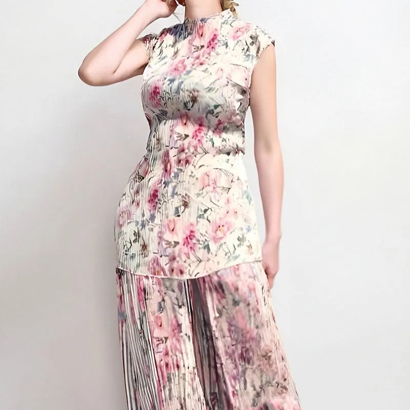 Women's printed chiffon two-piece dress set with long sleeves and high waist design