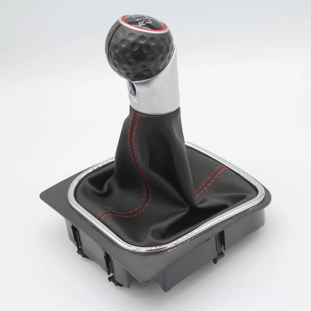 Leather gear shift knob and dust boot replacement part for Volkswagen Golf 5, 6, and 7 manual transmission.