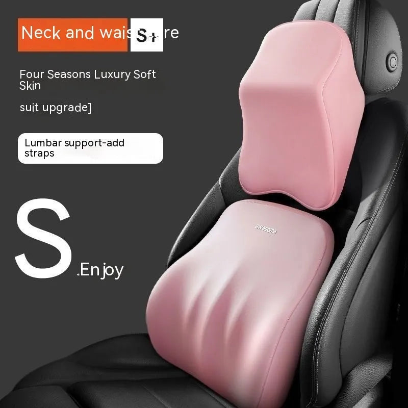 Car headrest pillow and lumbar support pillow set in memory foam, shown in sky blue colour.