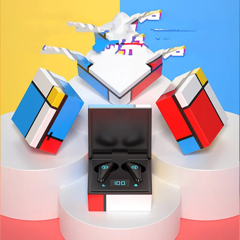 Wireless gaming earbuds with digital display case in blue and white colour option showing 150mm size