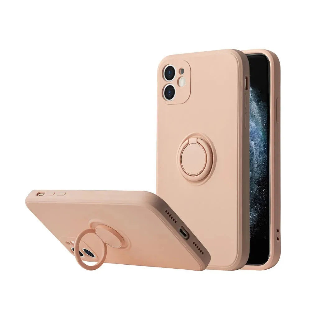 Liquid silicone iPhone 12 case with a ring bracket stand, shown in green colour.