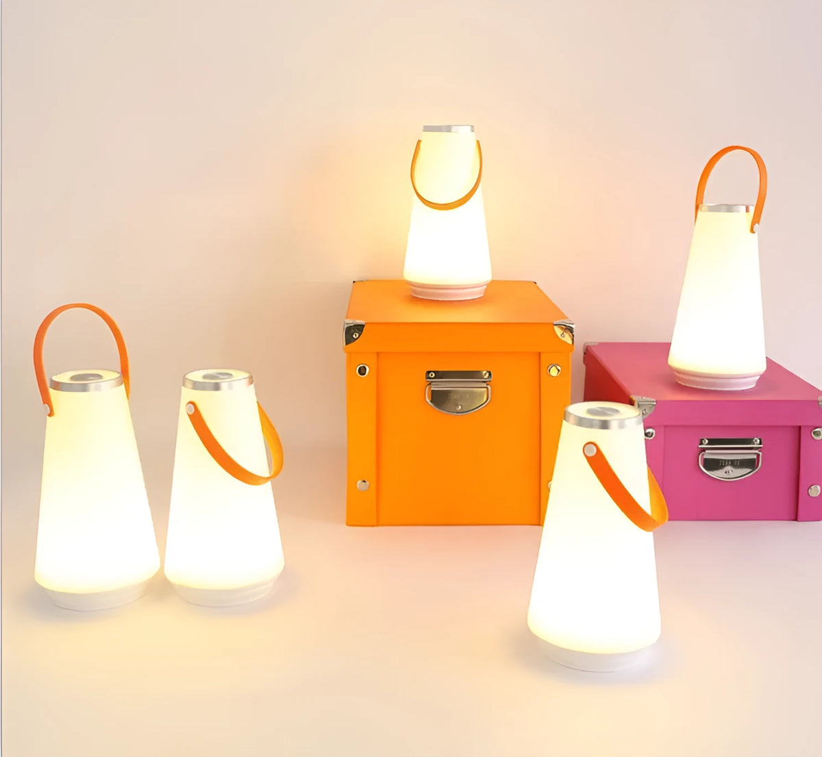 White rechargeable LED bedside lamp with USB charging cable showing dimensions 12x12x22cm