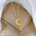 Geometric moon pendant necklace with diamond accents on stainless steel chain, copper pendant with tassel styling