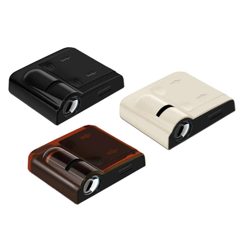 Universal car decorative projection radium lamp in black or beige, showing compact ABS plastic housing.