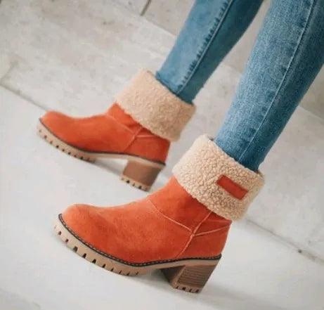 Women's suede mid-tube snow boots in black with a low heel and round toe