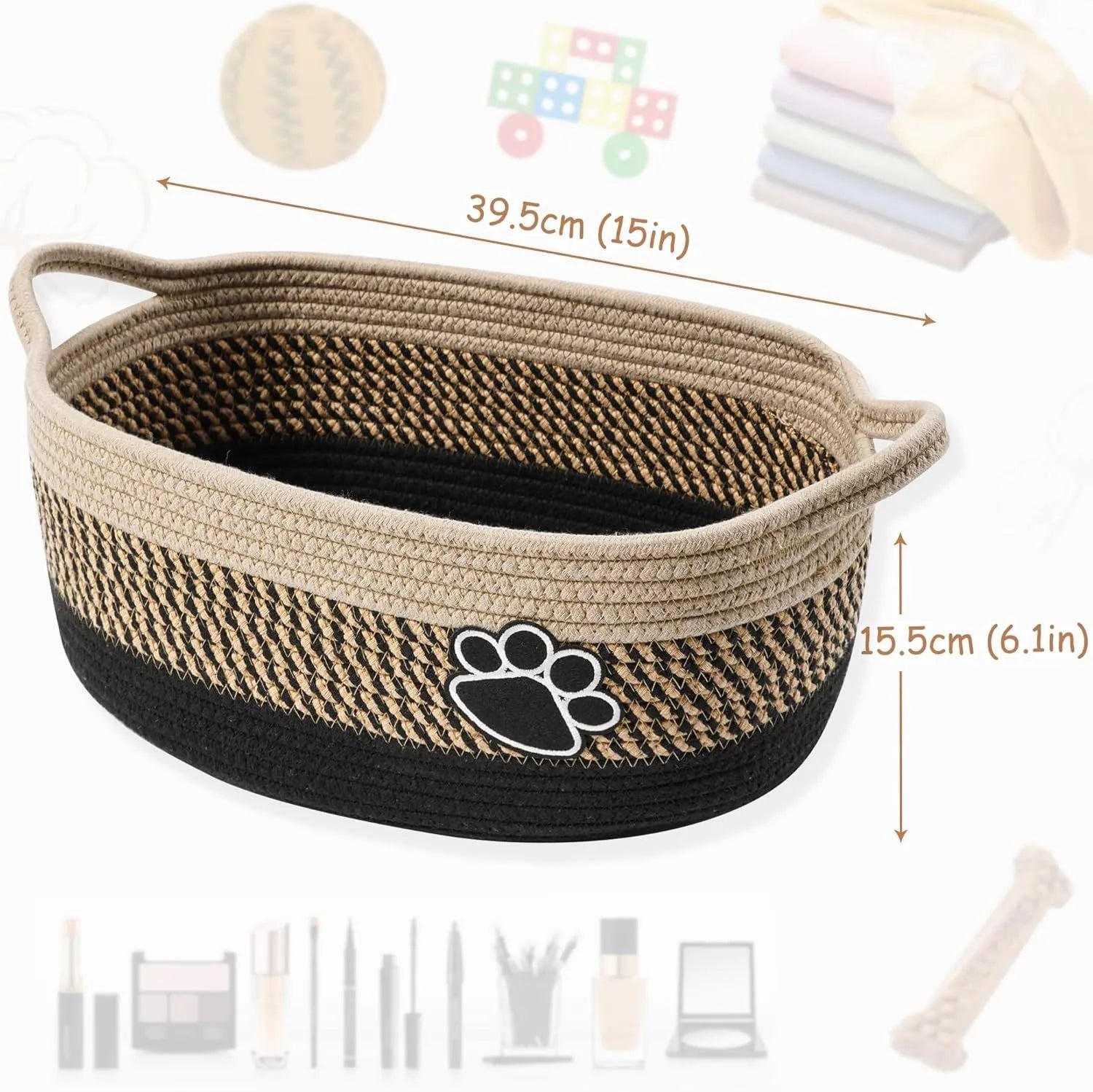 Handmade light beige woven cotton rope storage basket with wood and a handle.