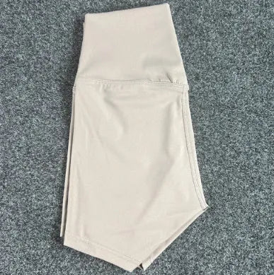 Ladies high-waist yoga shorts in moisture-wicking nylon fabric, shown in various colours