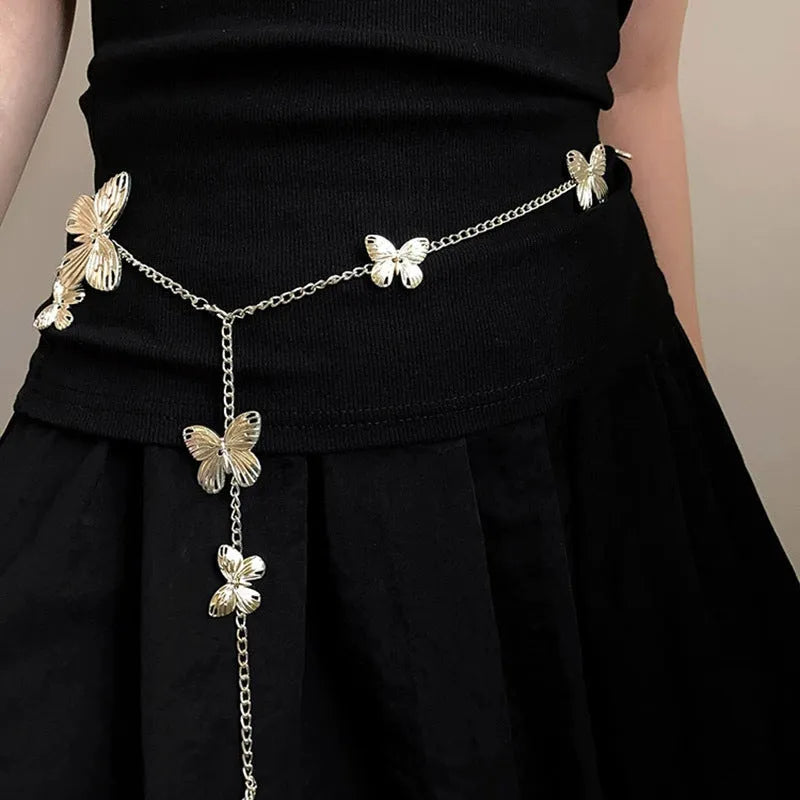 Butterfly waist chain in gold or silver alloy, 104cm length with single circle design