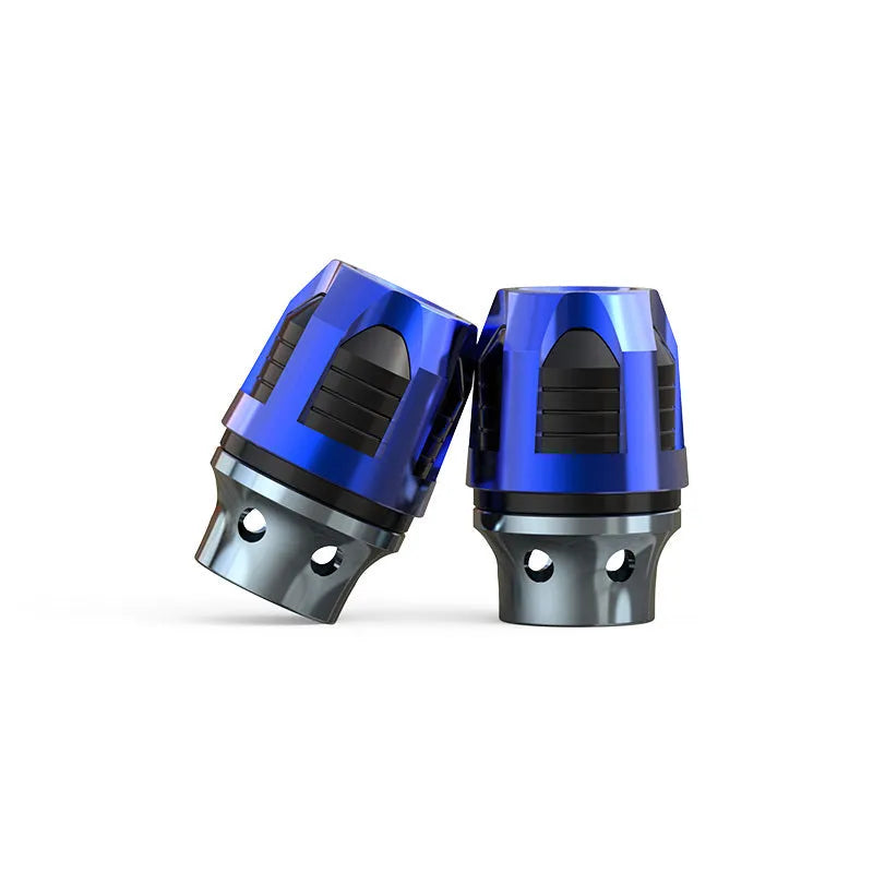 Pair of anodised aluminium fork cups for motorcycle or electric car front axle, shown in a selection of colours.