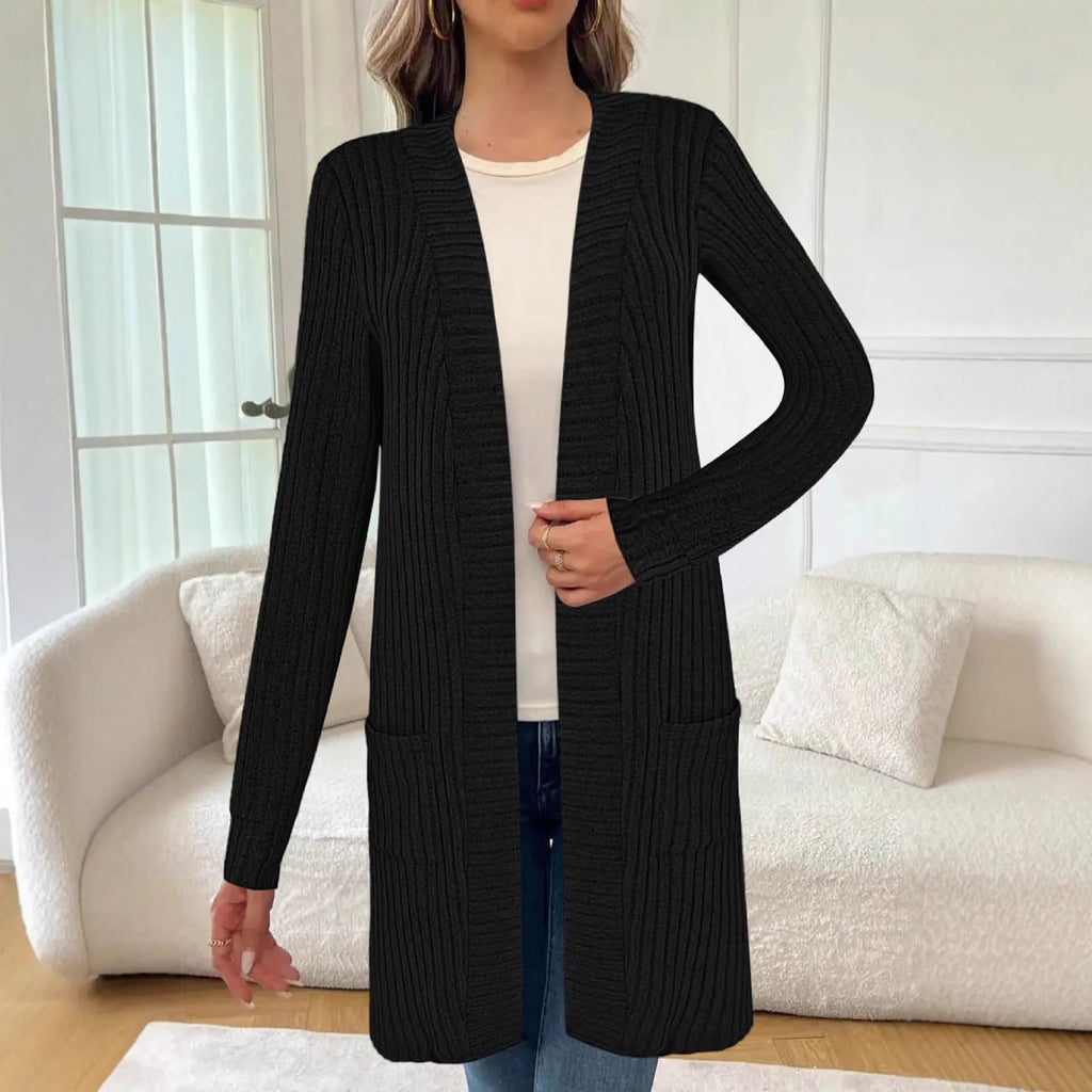 A loose-fit long sleeve knitted cardigan jacket in black, grey, or wine red.