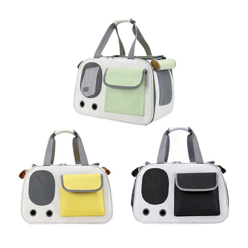 Large capacity foldable canvas pet bag in three colour options shown with single shoulder strap