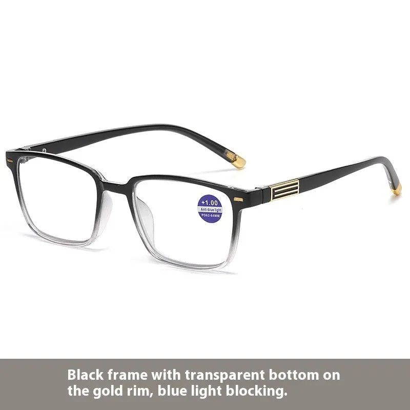 Multifocal reading glasses with color changing PC lens and black frame available in multiple degrees