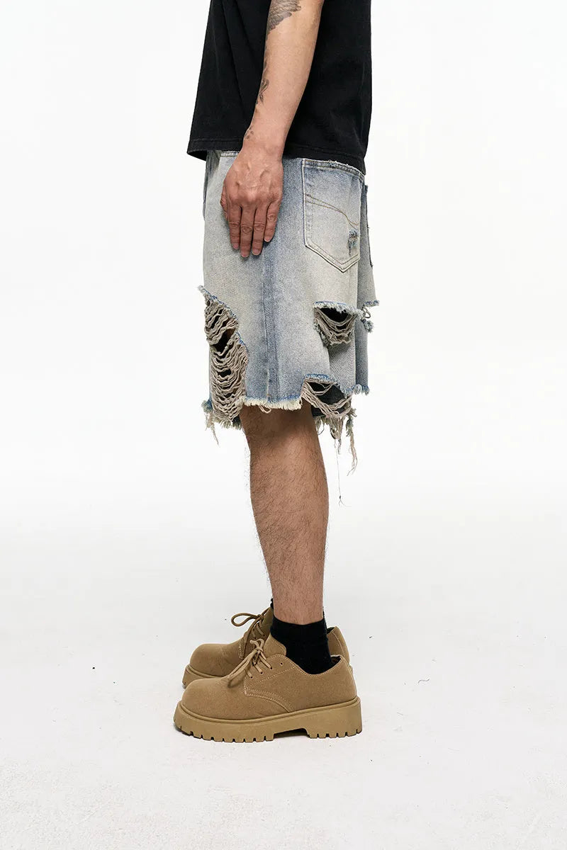 Light blue retro washed men's baggy denim shorts with wide-leg design and mid-waist fit