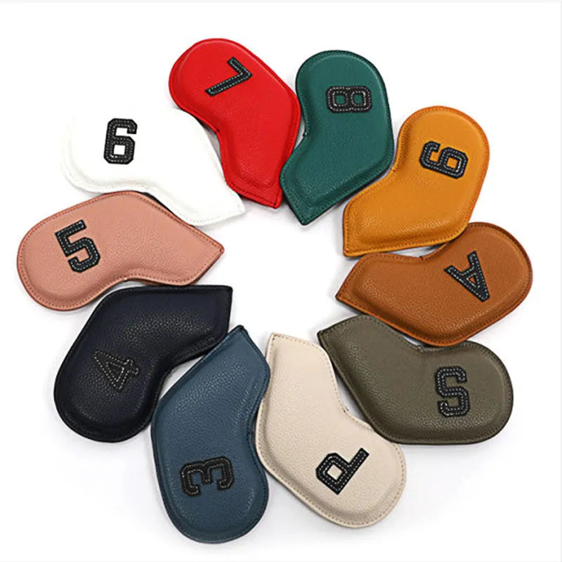 Set of ten colourful digitally printed golf club head covers for woods and irons.